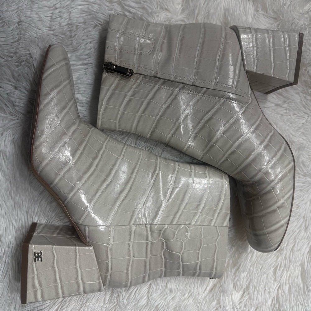 Sam Edelman Ivory Croc-Embossed Block Heel Boots – Size 8 - Picture 13 of 14